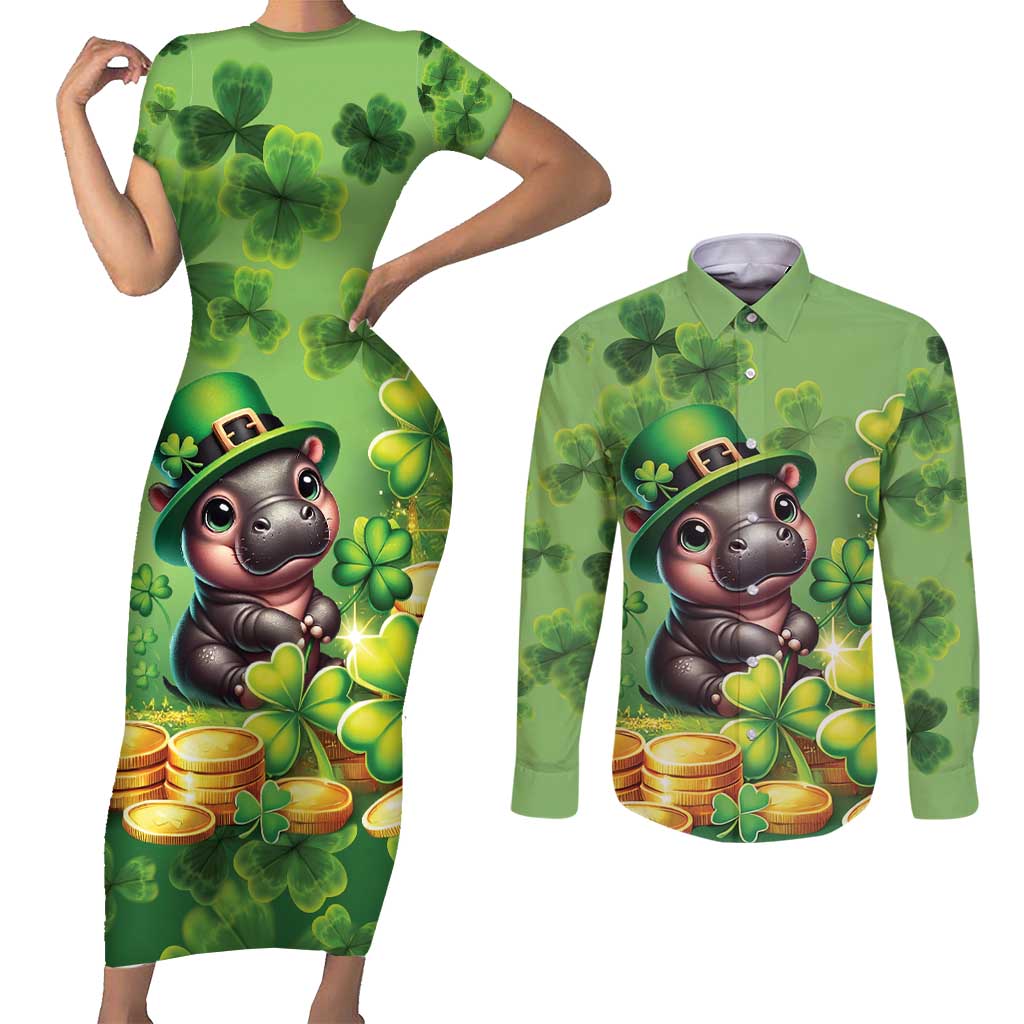 Leprechaun Moo Deng St Patricks Day Couples Matching Short Sleeve Bodycon Dress and Long Sleeve Button Shirt LT9 - Wonder Print Shop