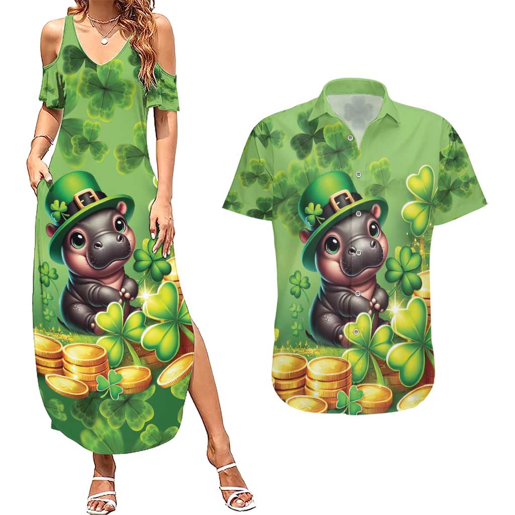 Leprechaun Moo Deng St Patricks Day Couples Matching Summer Maxi Dress and Hawaiian Shirt LT9 - Wonder Print Shop