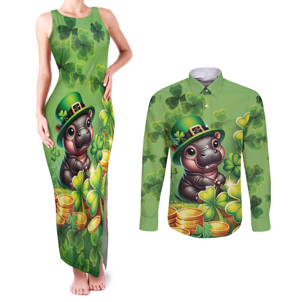 Leprechaun Moo Deng St Patricks Day Couples Matching Tank Maxi Dress and Long Sleeve Button Shirt LT9 - Wonder Print Shop