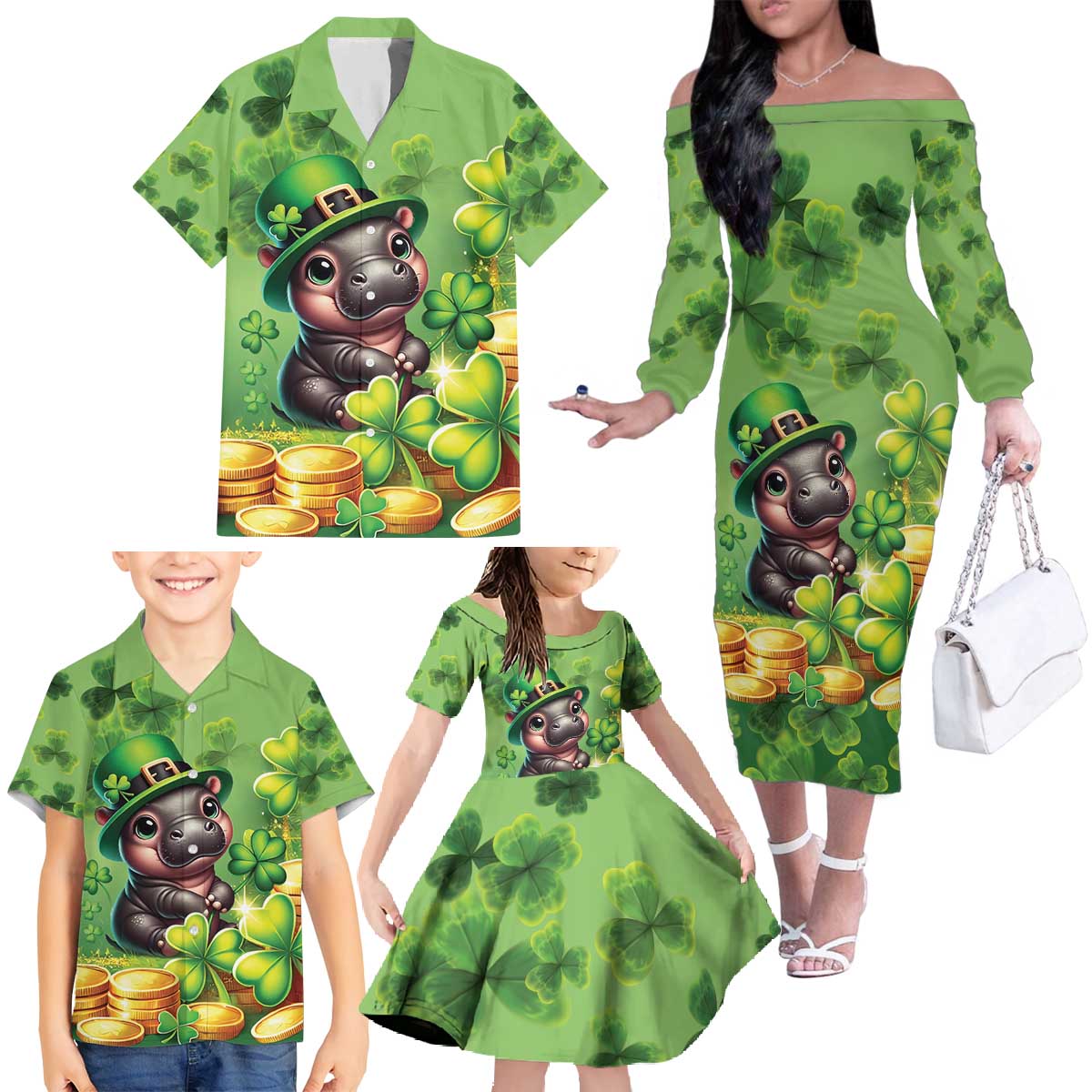 Leprechaun Moo Deng St Patricks Day Family Matching Off The Shoulder Long Sleeve Dress and Hawaiian Shirt - Wonder Print Shop