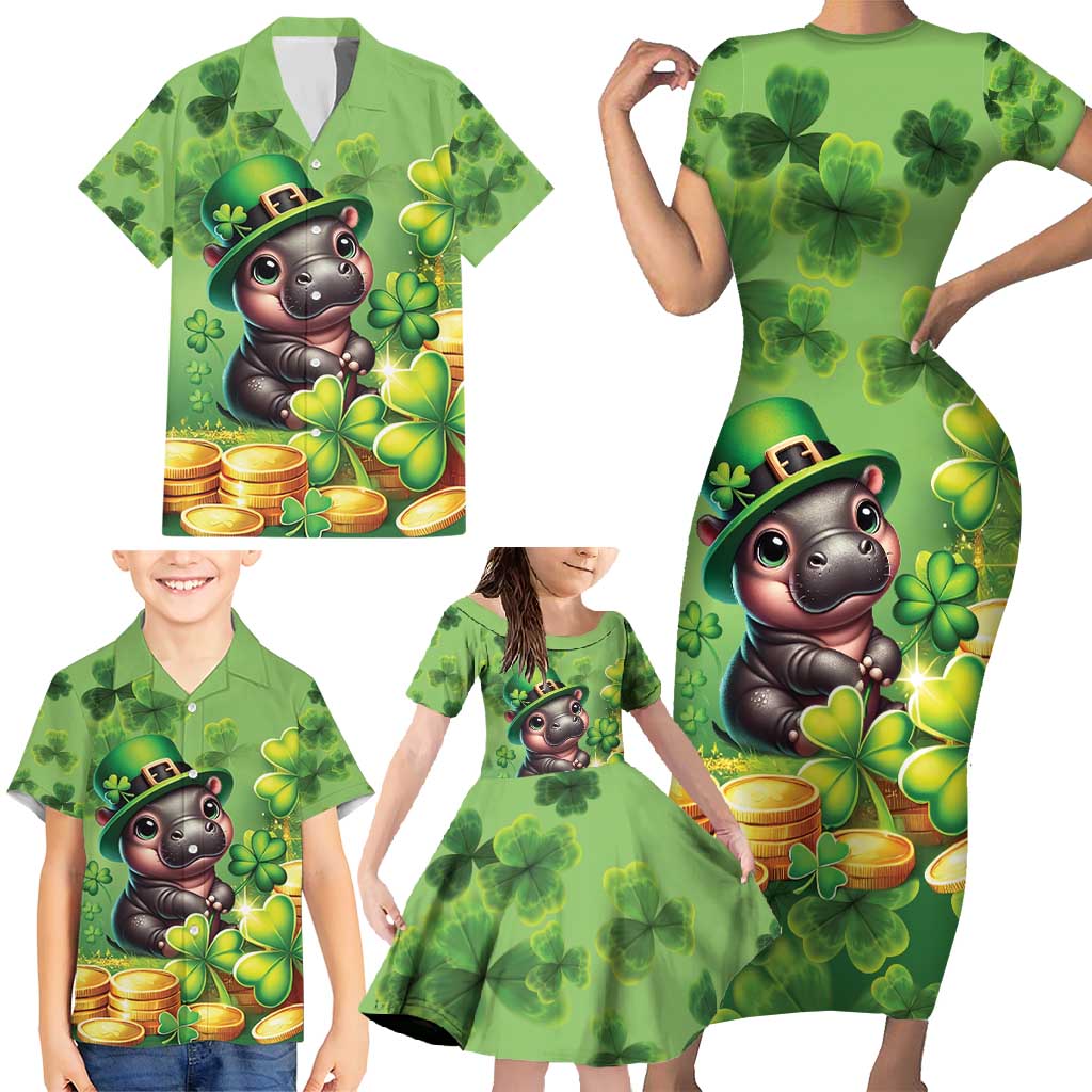 Leprechaun Moo Deng St Patricks Day Family Matching Short Sleeve Bodycon Dress and Hawaiian Shirt - Wonder Print Shop