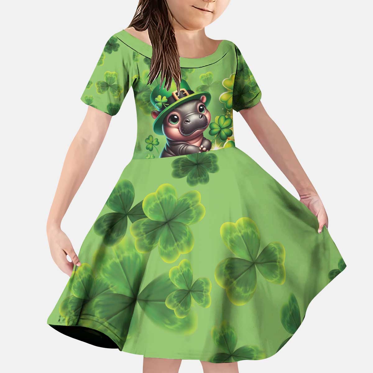 Leprechaun Moo Deng St Patricks Day Kid Short Sleeve Dress - Wonder Print Shop