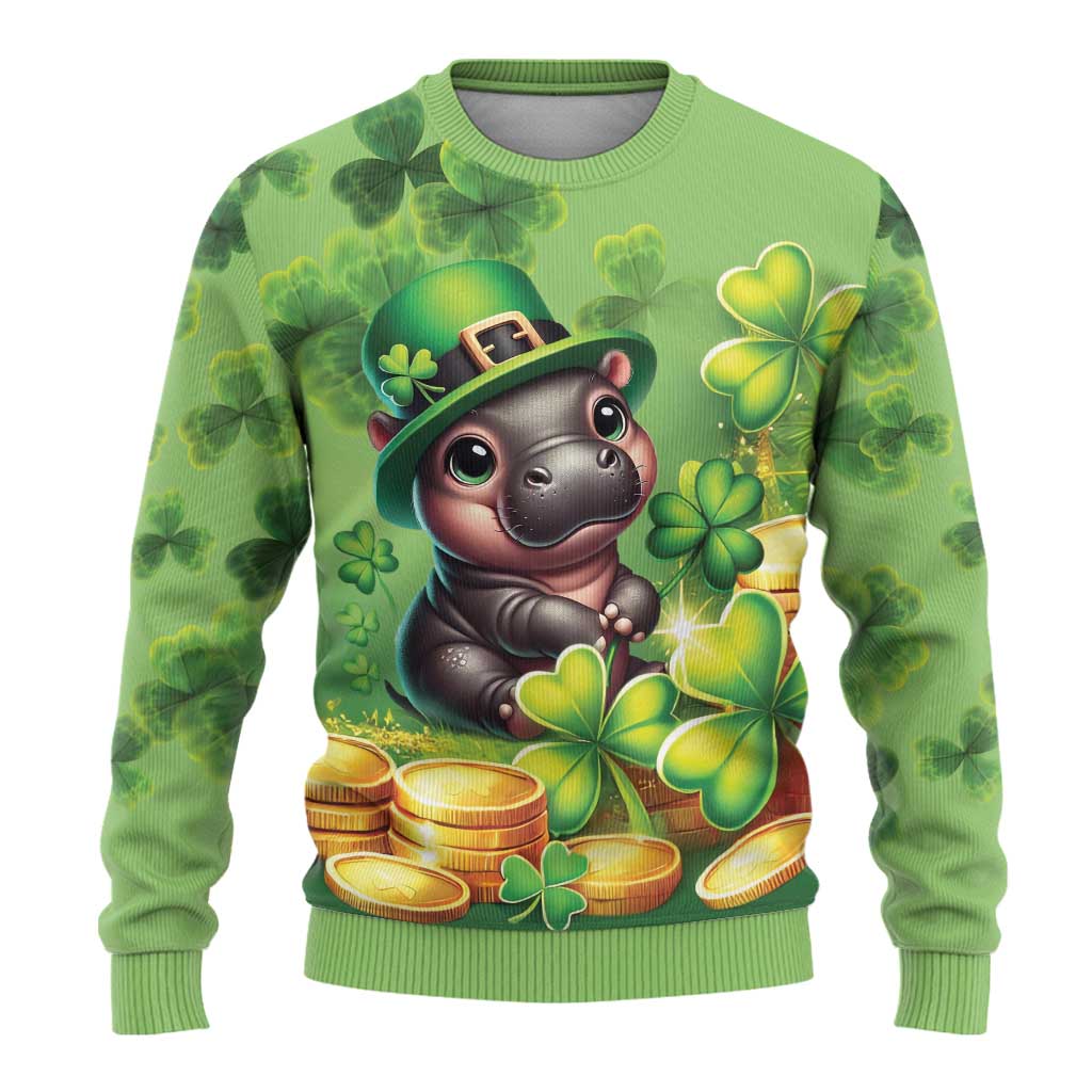 Green ugly sweater front with leprechaun cat holding clover beside gold coins