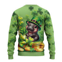 Green ugly sweater back with leprechaun cat, clovers and gold coin graphic