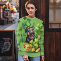 Green ugly sweater with leprechaun cat and clovers over gold coins, crew neck