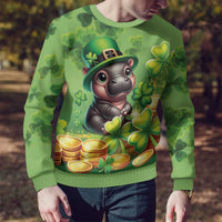 Green ugly sweater close-up with leprechaun cat, clovers and gold coins print