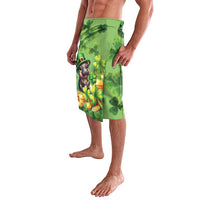 St. Patrick's Day green lavalava with cartoon character and shamrock print, side view