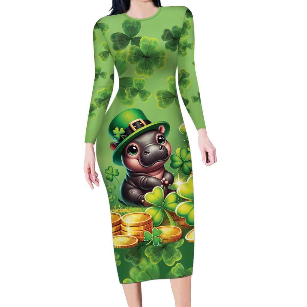 Leprechaun Moo Deng St Patricks Day Long Sleeve Bodycon Dress - Wonder Print Shop