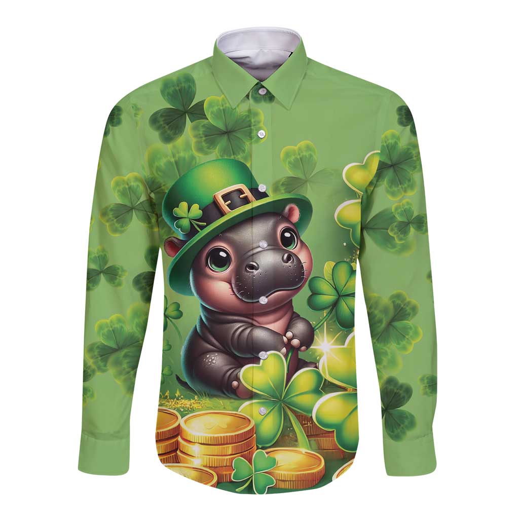 Green long-sleeve button shirt with cartoon leprechaun animal, clovers and gold coins.