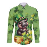 Green long-sleeve button shirt with cartoon leprechaun animal, clovers and gold coins.