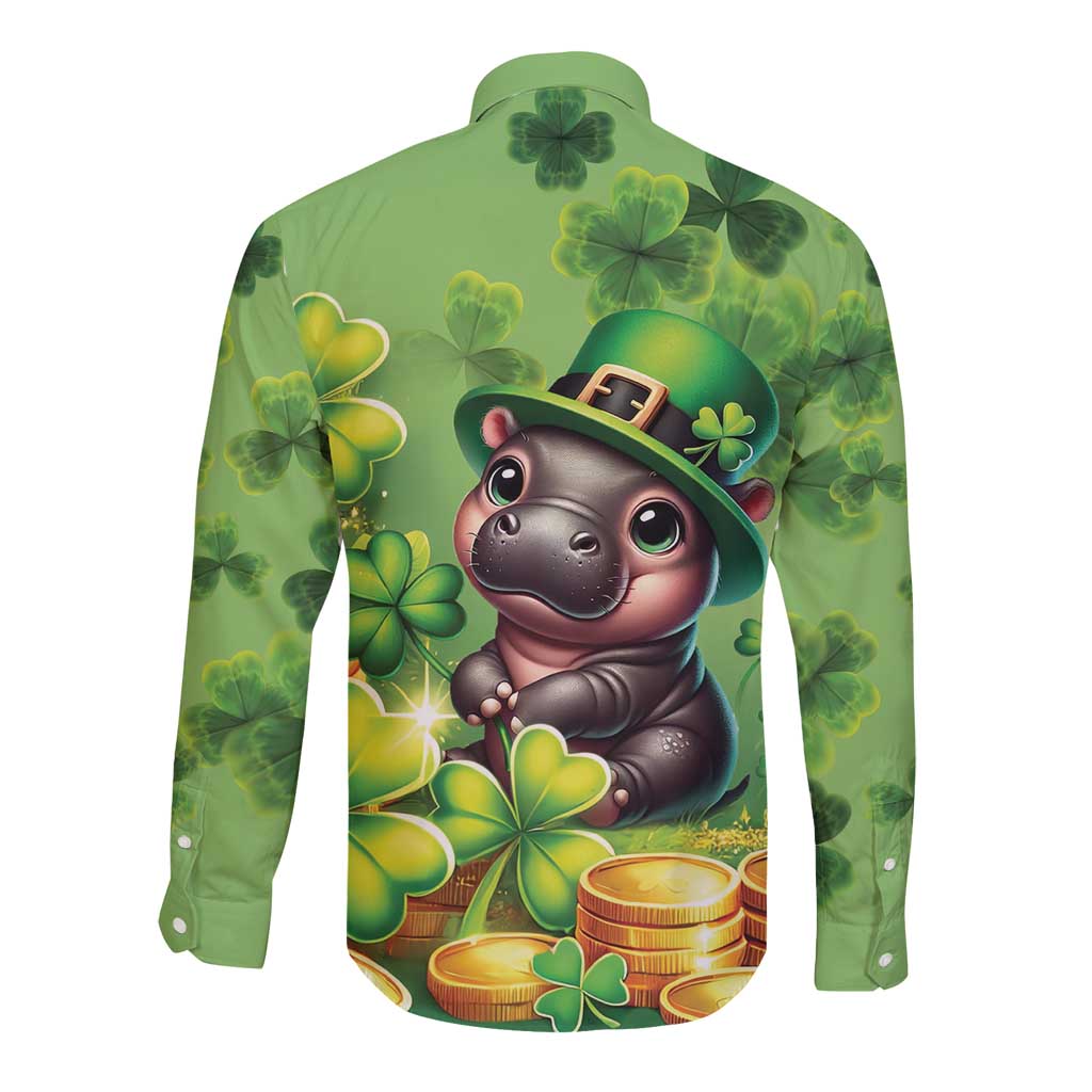 Green long-sleeve button shirt, back graphic with leprechaun animal, clovers and coins.