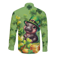 Green long-sleeve button shirt, back graphic with leprechaun animal, clovers and coins.