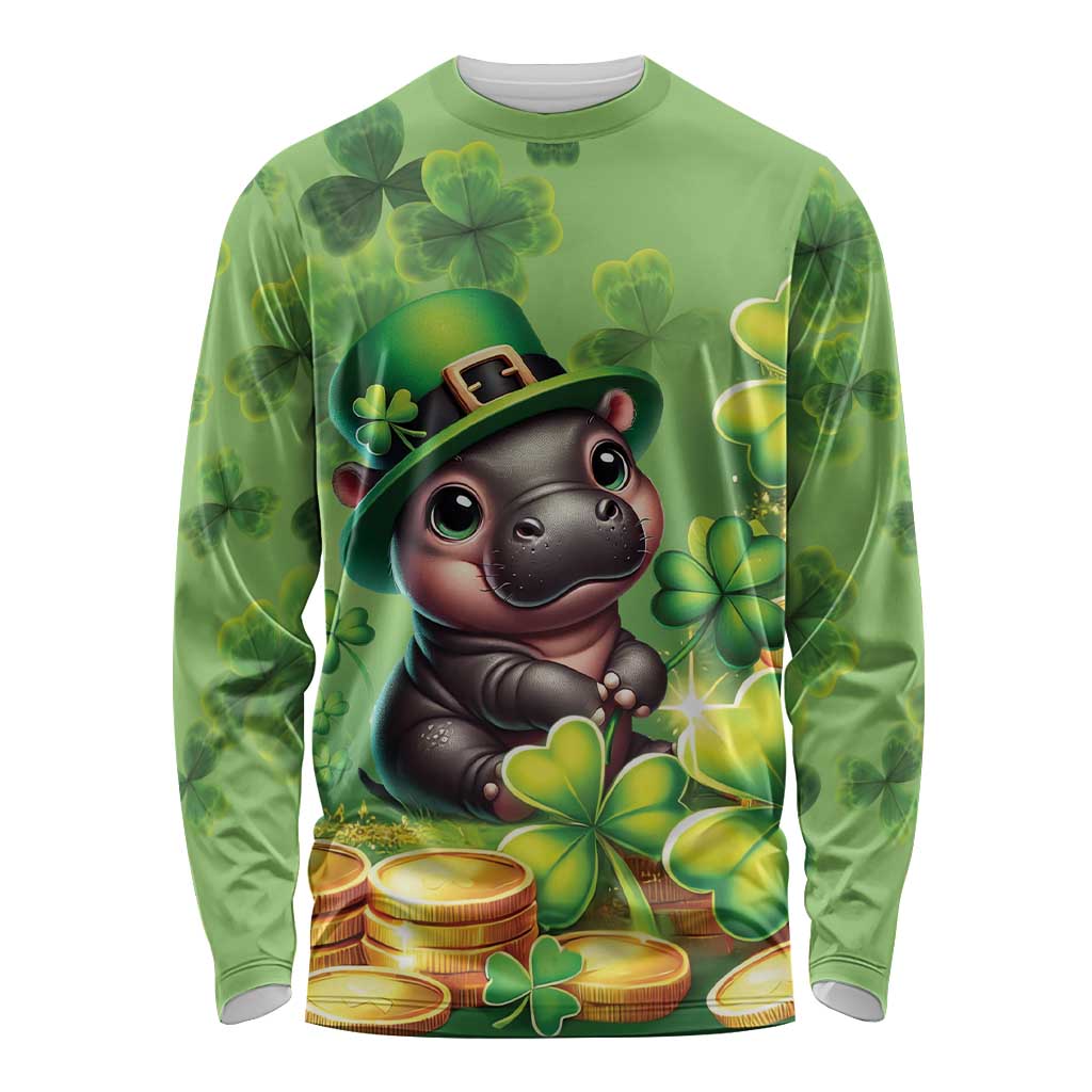 Green long-sleeve T-shirt with cartoon leprechaun moody hippo and shamrocks