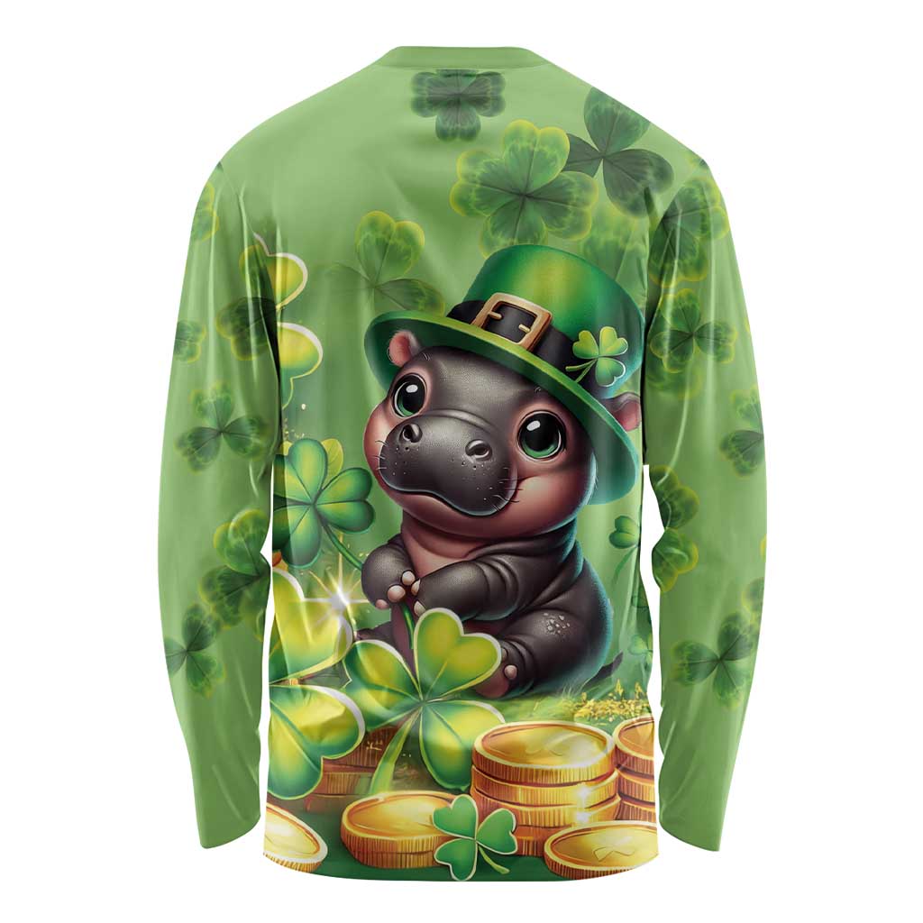 Green long-sleeve T-shirt, back view, cartoon leprechaun moody hippo with shamrocks