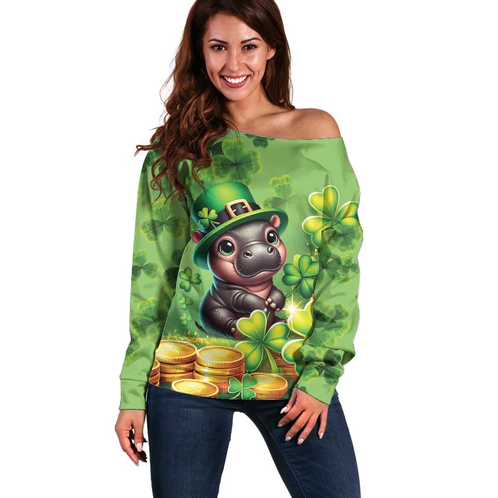 Leprechaun Moo Deng St Patricks Day Off Shoulder Sweater - Wonder Print Shop