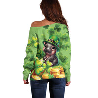 Women’s green off-shoulder sweater, back view with cartoon mouse and shamrocks graphic