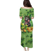 Green long dress with same character graphic and clovers on back