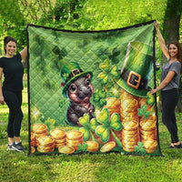 Green St. Patrick's Day quilt hanging outdoors with cartoon moose, gold coins, and shamrocks