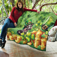 Green St. Patrick's Day quilt held up outdoors: cartoon moose, clovers, and gold coin piles