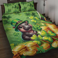 Green St Patrick's Day quilt bed set with cartoon pig, clovers, gold coins; 2 pillows