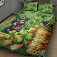 Green quilt bed set with cartoon pig surrounded by clovers and coins; two pillowcases