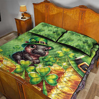 Green quilt bed set with cartoon pig and clover pattern, gold coins accents; 2 pillows