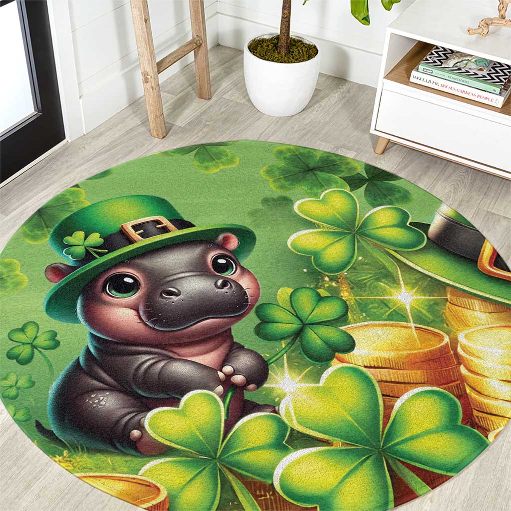 Round green St. Patrick's Day carpet with leprechaun cartoon animal and clovers