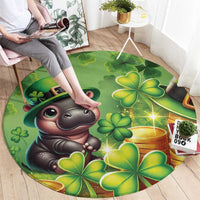 Round green St. Patrick's Day carpet with leprechaun cartoon animal and shamrocks