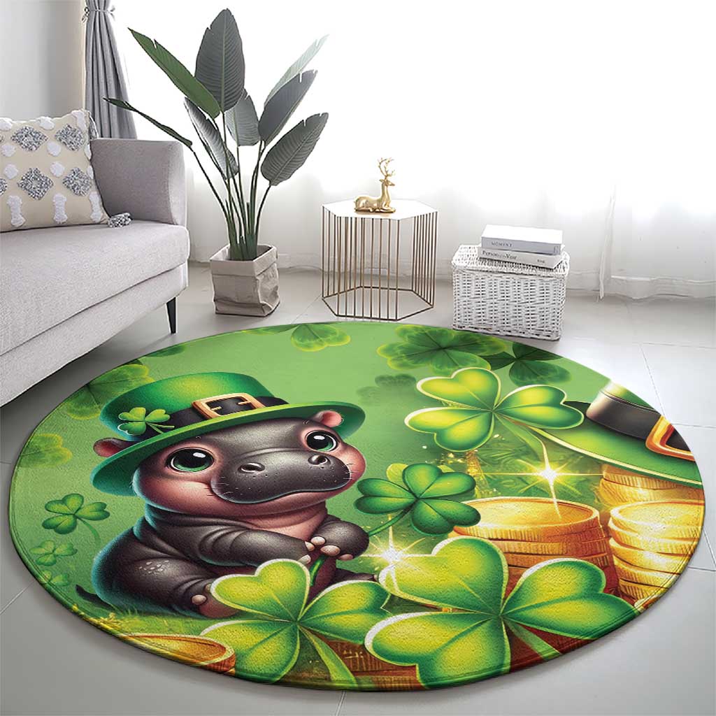 Round green St. Patrick's Day rug with cartoon leprechaun animal, clovers, and gold