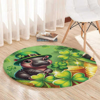 Round green St. Patrick's Day carpet with leprechaun cartoon animal and shamrocks