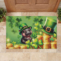 Green St Patrick's Day rubber doormat with cartoon leprechaun hippo, clovers, and gold coins