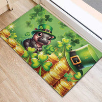 Green St Patrick's Day rubber doormat featuring cartoon leprechaun hippo, shamrocks, and gold