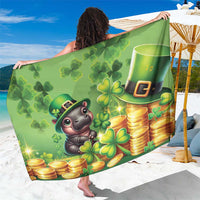 Green St. Patrick's sarong with clovers, coins, and cartoon leprechaun animal print