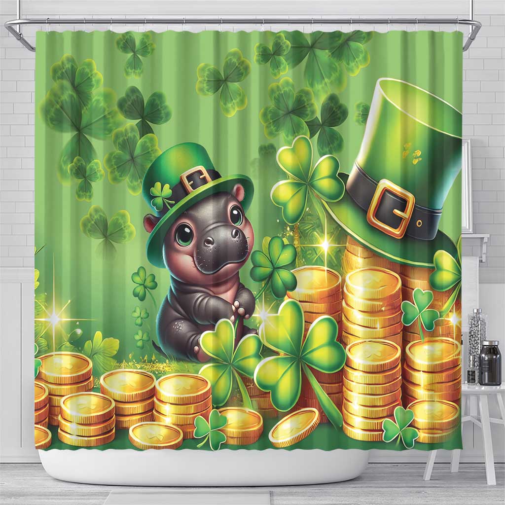 Green shower curtain with cartoon pig, shamrocks, and gold coins