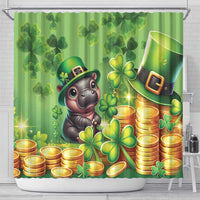 Green shower curtain with cartoon pig, shamrocks, and gold coins