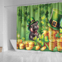 Green St. Patrick's Day shower curtain with cartoon pig, clovers, and gold coins