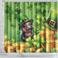 Green shower curtain featuring leprechaun-style pig, clovers, and stacked gold coins