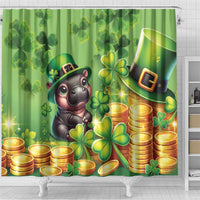 Green St. Patrick's Day shower curtain with cartoon pig surrounded by clovers and coin piles