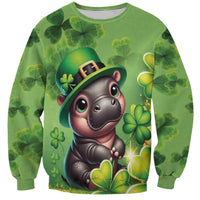 Green unisex sweatshirt with leprechaun-style animal graphic and shamrock pattern