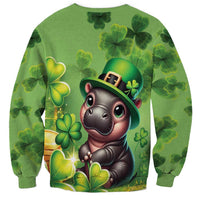 Green unisex sweatshirt featuring leprechaun animal with green hat and clover leaves