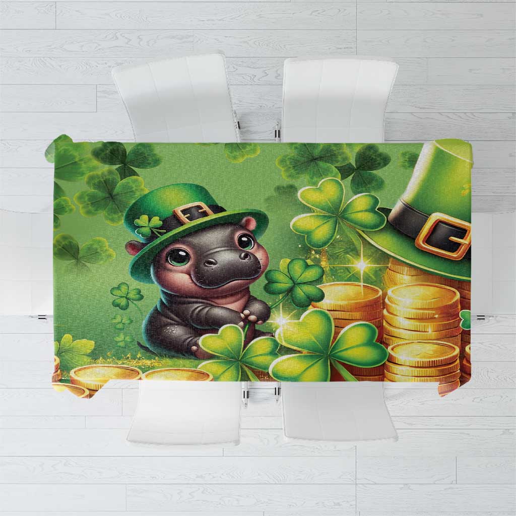 Green St. Patrick’s tablecloth with cartoon leprechaun cat, coins and shamrocks