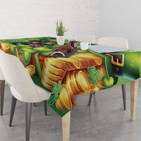 Green tablecloth featuring gold coin stacks, shamrocks, and leprechaun hat graphics