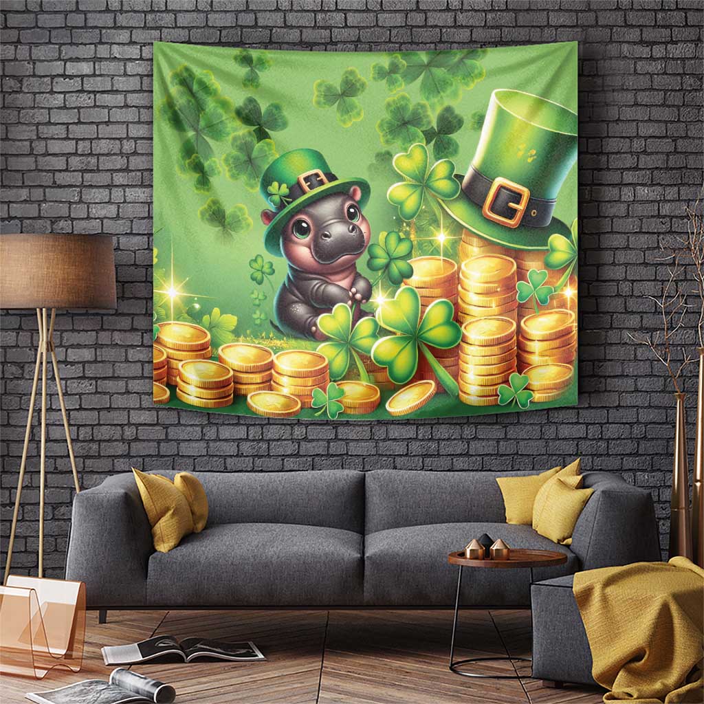 Green St. Patrick's Day tapestry with cartoon gray Moo Deng, coins, shamrocks, and leprechaun hat pot