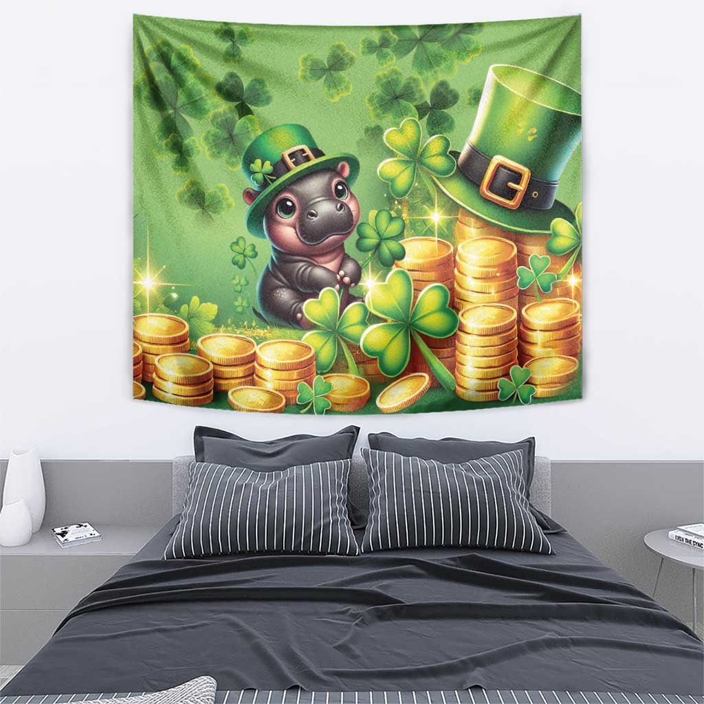 Green St. Patrick's Day tapestry with cartoon Moo Deng, glowing clovers, and gold coin stacks