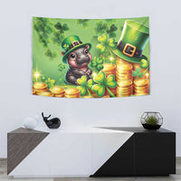 Green St. Patrick's Day tapestry showing Moo Deng, leprechaun hat, shamrocks, and golden coins