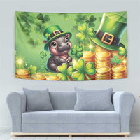 Green St. Patrick's Day tapestry featuring Moo Deng in leprechaun hat, coins and shamrocks