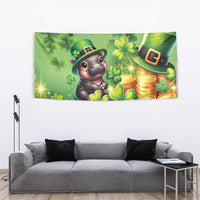 Green St. Patrick's Day wall tapestry with Moo Deng, clovers, and stacked gold coins design