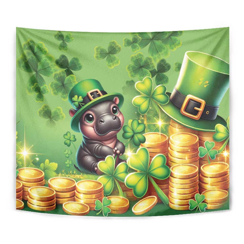 Green St. Patrick's Day tapestry close-up with Moo Deng, shamrocks, and gold coin treasure pot