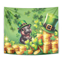 Green St. Patrick's Day tapestry close-up with Moo Deng, shamrocks, and gold coin treasure pot
