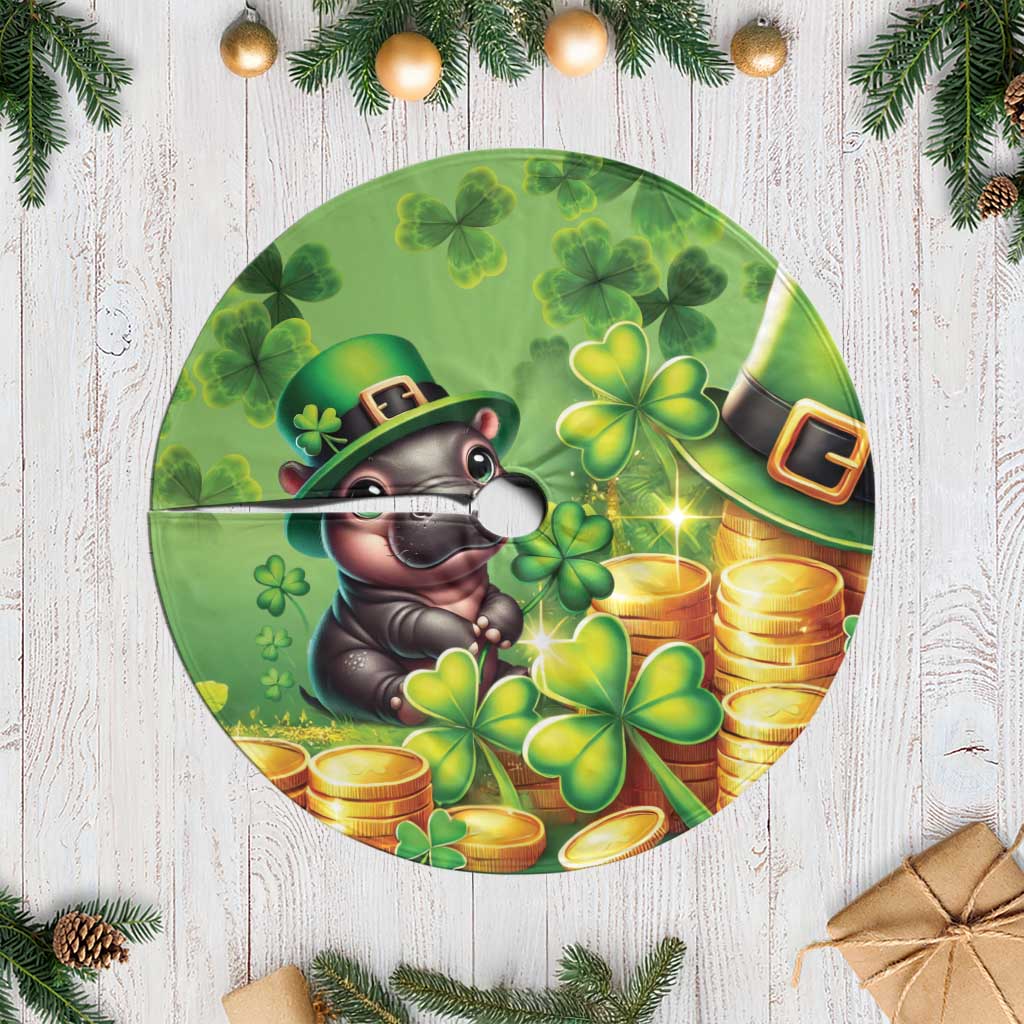 Green round tree skirt with fringed edge, leprechaun mouse and clover coin design
